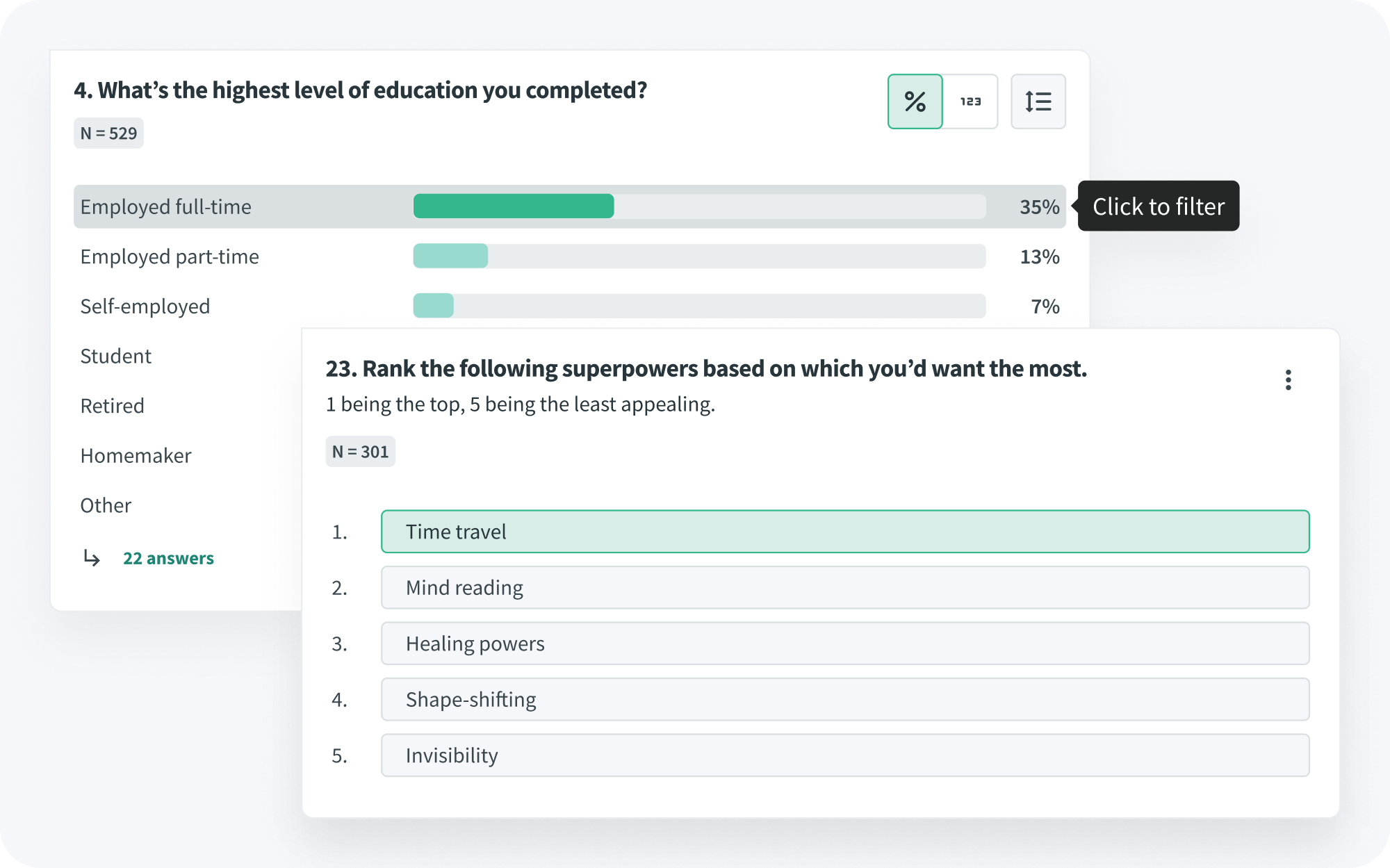 Live dashboard with employment results and superpower ranking