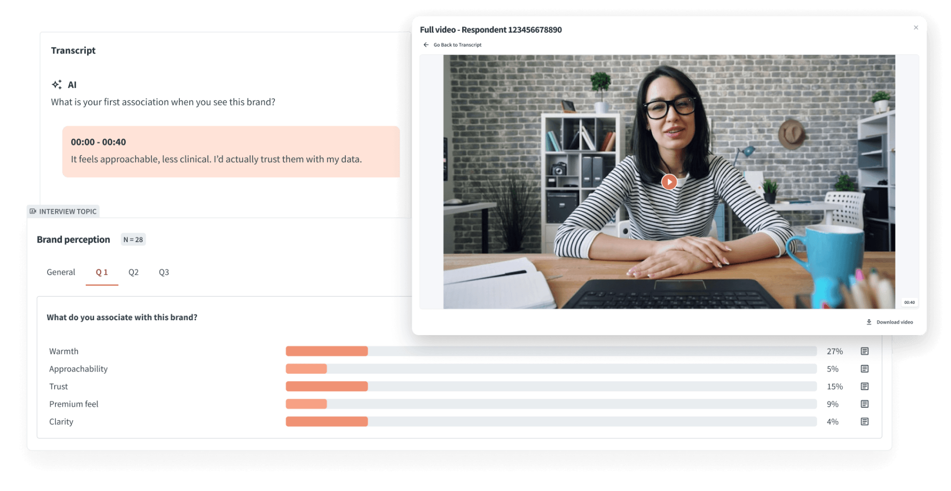 Peekator AI interview analysis showing transcript, themes, and full respondent video