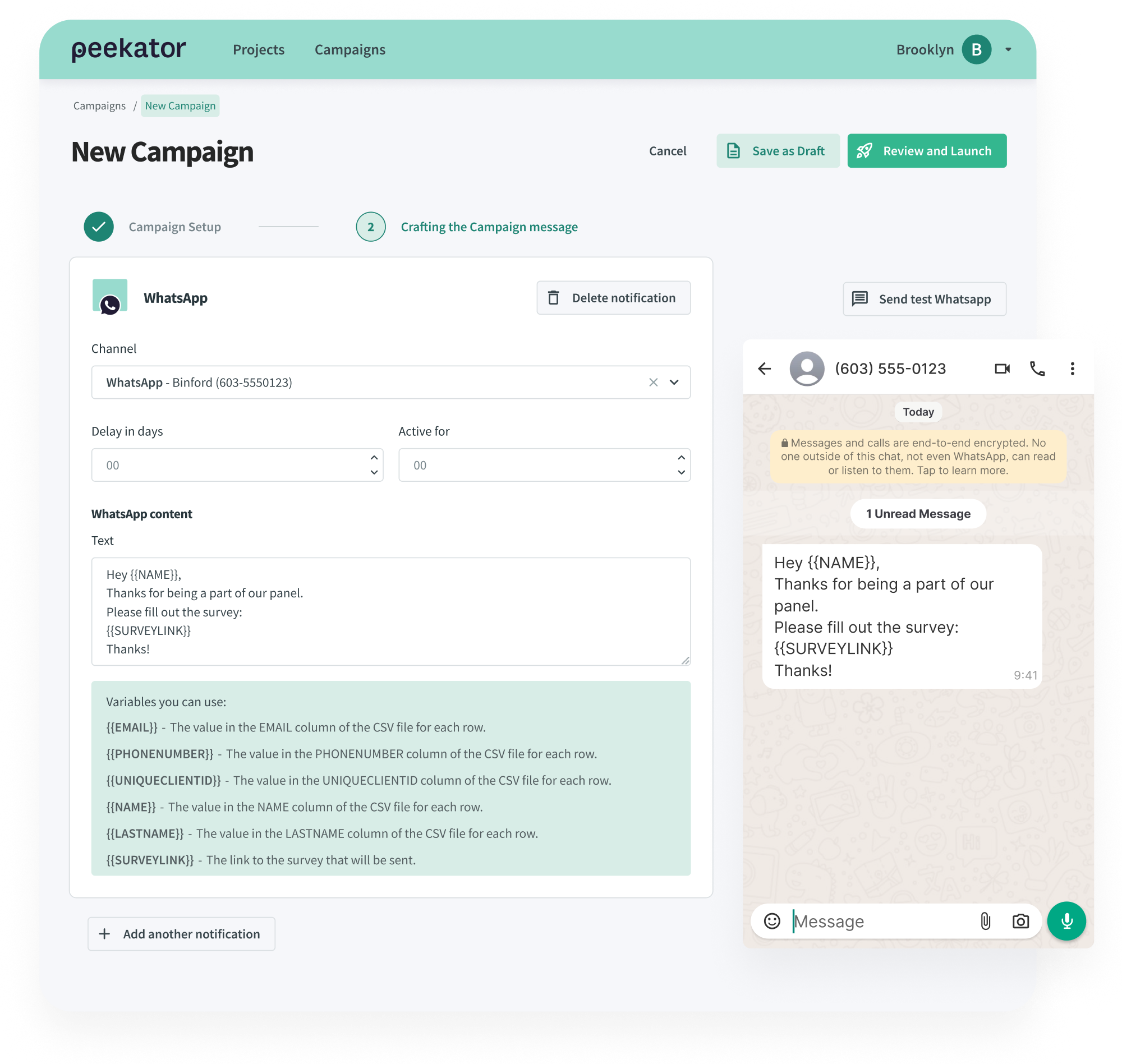 Peekator Campaigns — crafting a WhatsApp campaign message with live preview