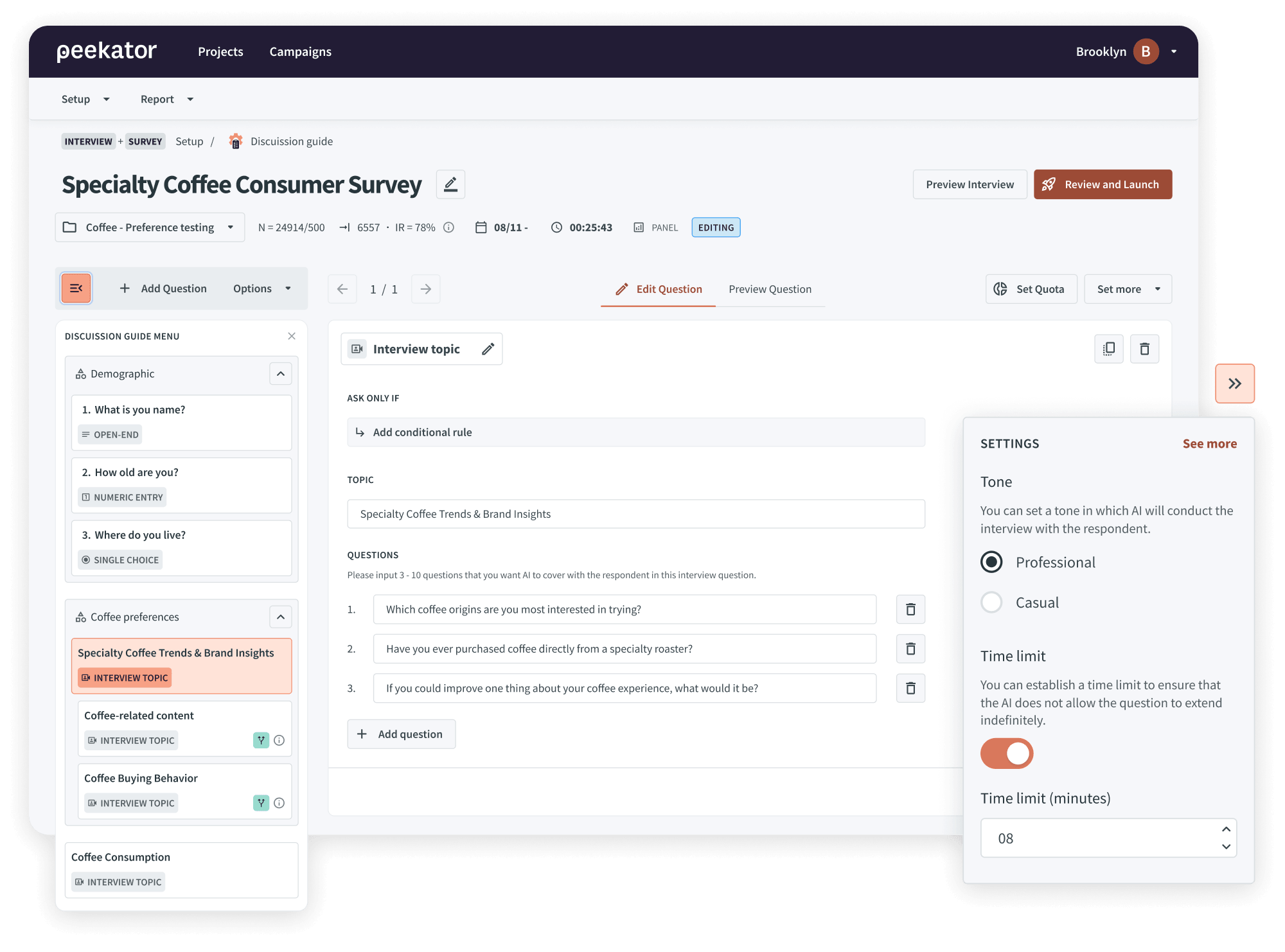 Peekator discussion guide builder showing topics, questions, tone and time-limit settings