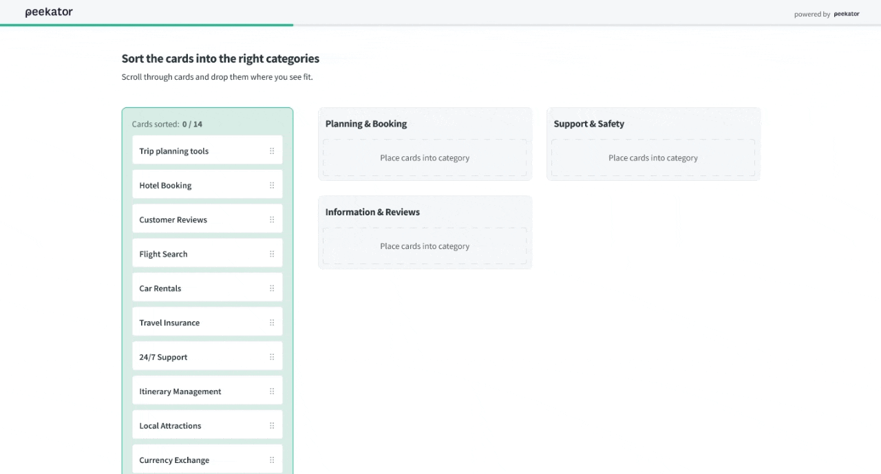 Card Sort question type in Peekator — respondents drag cards into categories